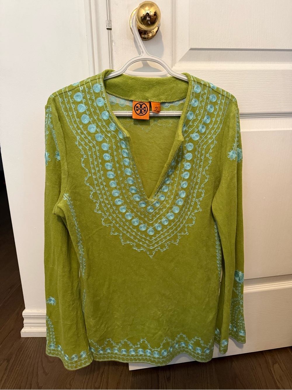 Tory Burch Lime Green V-Neck Tunic with Light Blue Embroidery